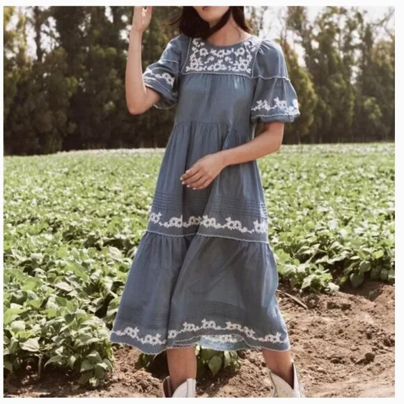 The Great Heirloom Midi Dress Small Cottagecore Blue Tiered Boho Floral Dainty - Picture 1 of 10